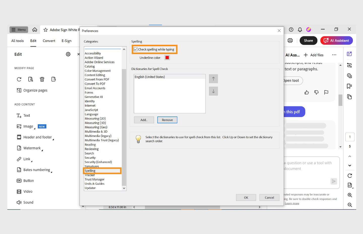 Preferences dialog box is opened in Acrobat and the Spelling preferences are open. 