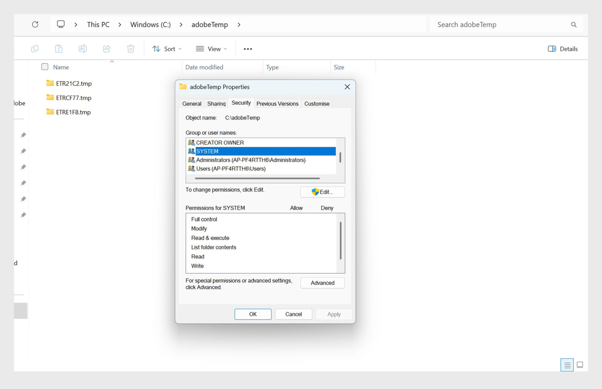 Windows File Explorer showing the adobeTemp folder with temporary files. Users can delete these files to clear leftover Adobe installation data and fix setup errors.