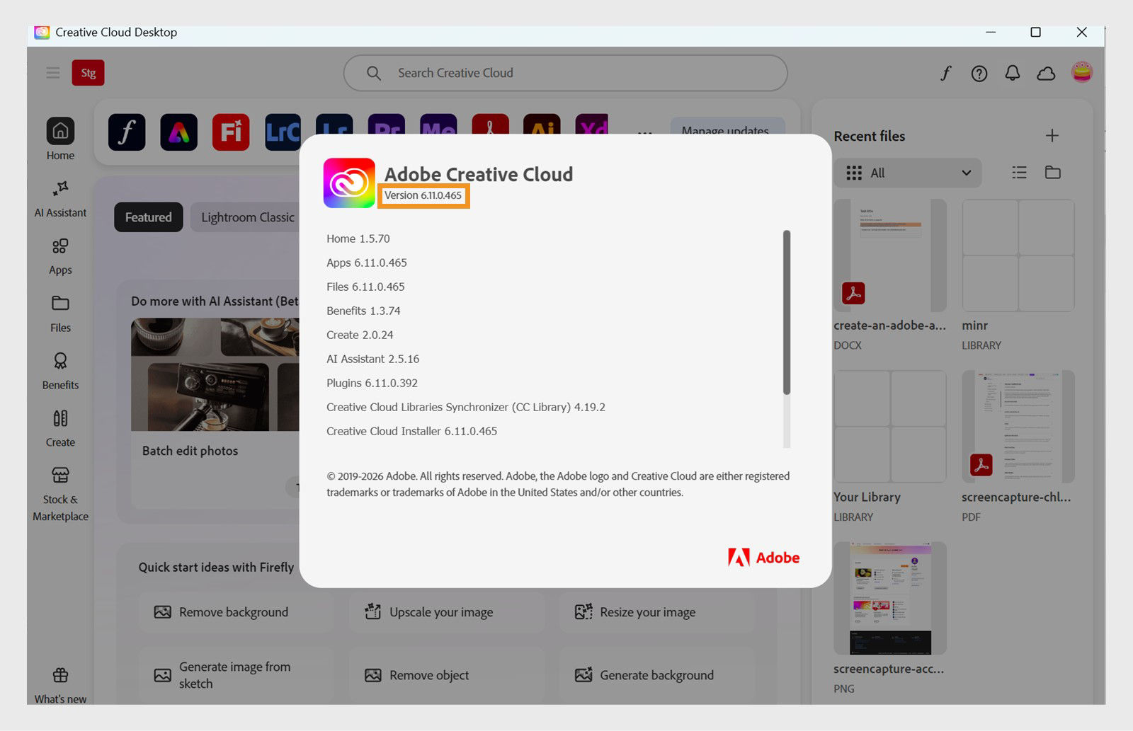 The About Creative Cloud window shows version info for the desktop app and all its components.