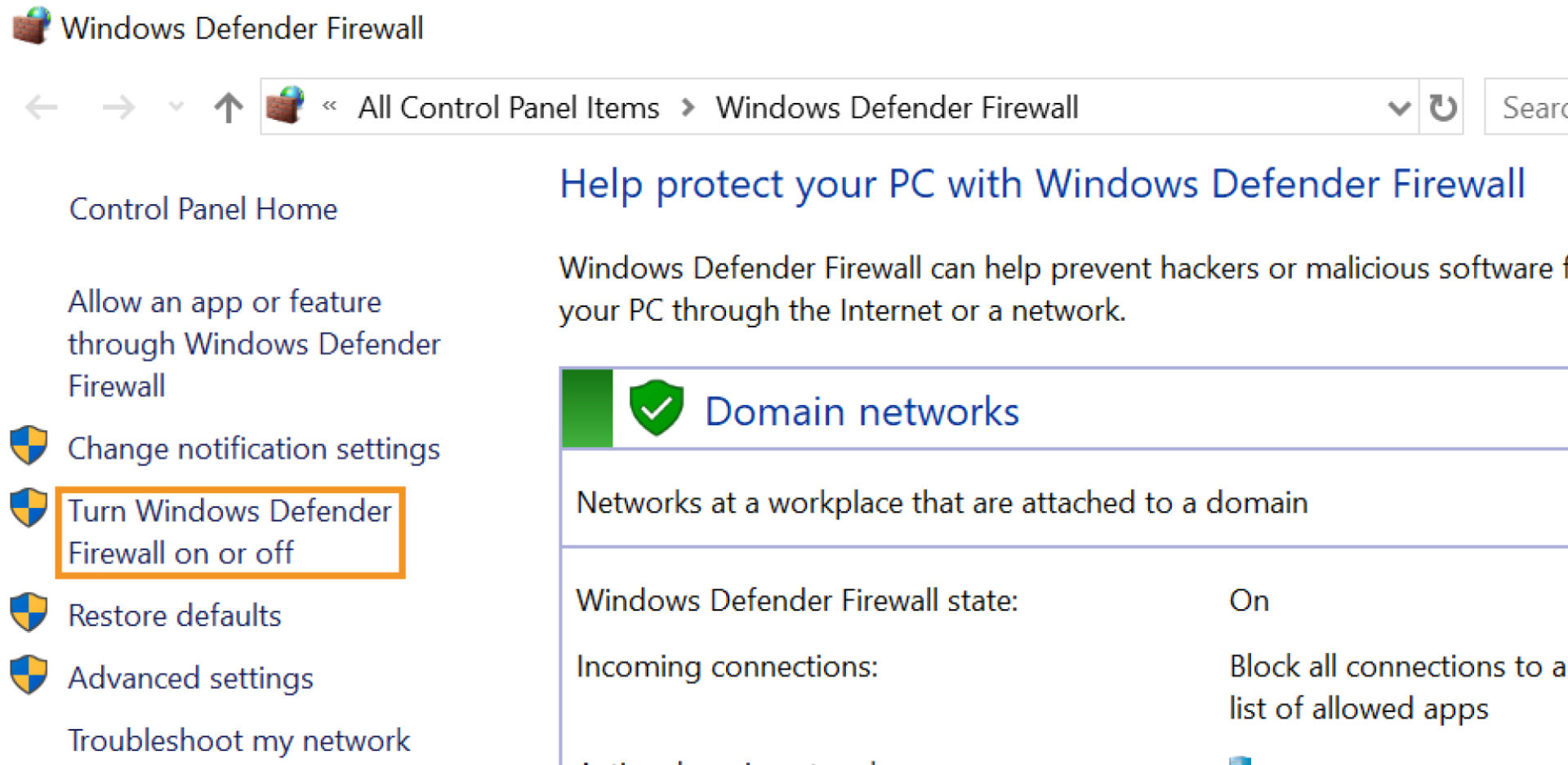 Turn Windows Defender Firewall on or off