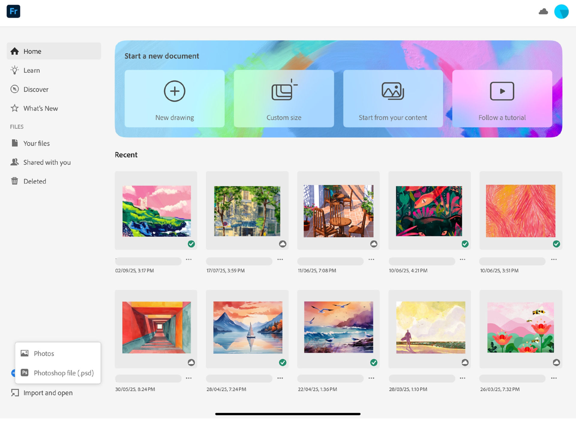 Import and open shows two options Photos and Photoshop file
