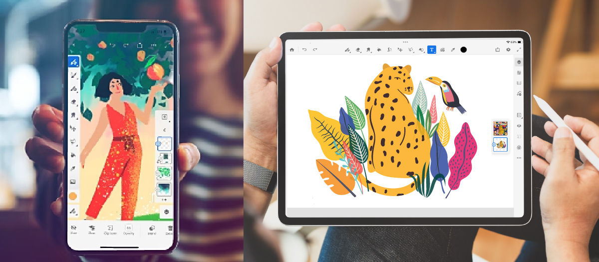 Adobe Fresco interface shown on a mobile phone and an iPad with digital artwork open and drawing tools visible.