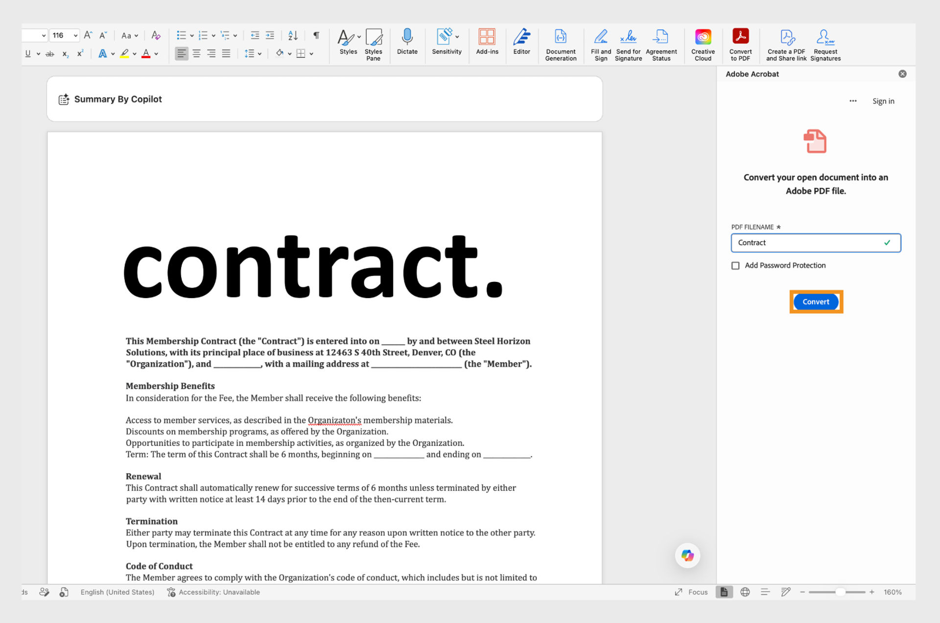 Word document in a web browser shows Document Cloud panel, where Convert tool is highlighted.