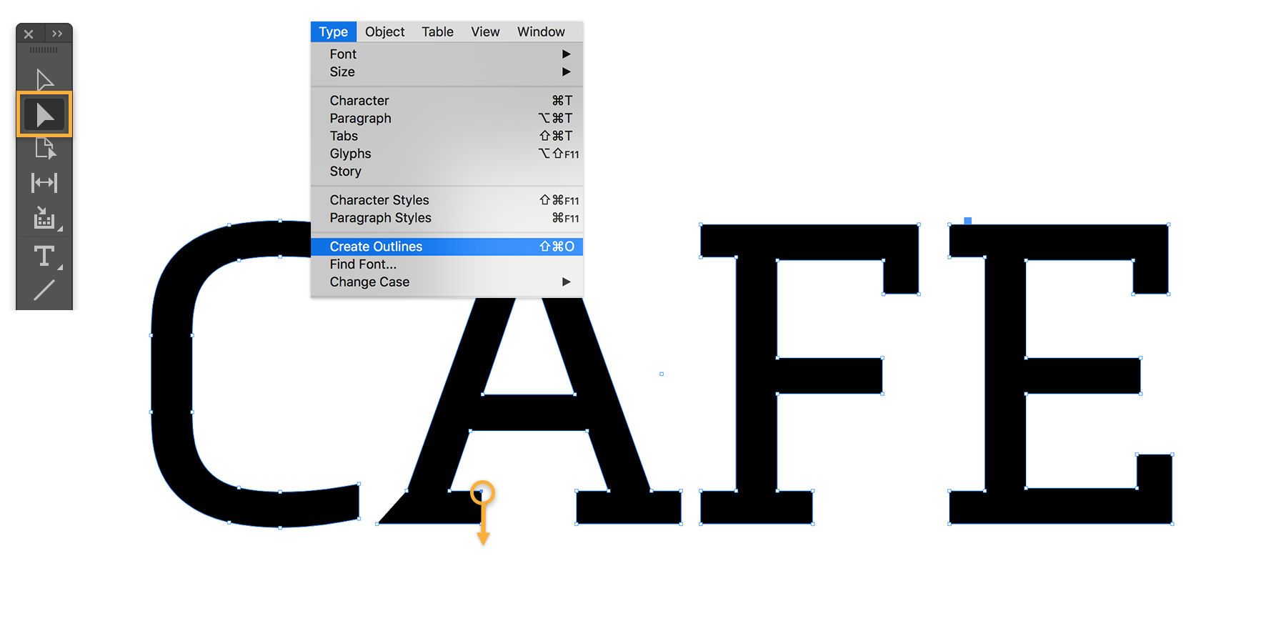 Text is selected and Type > Create Outlines is highlighted to create editable paths. Serifs are reshaped. 