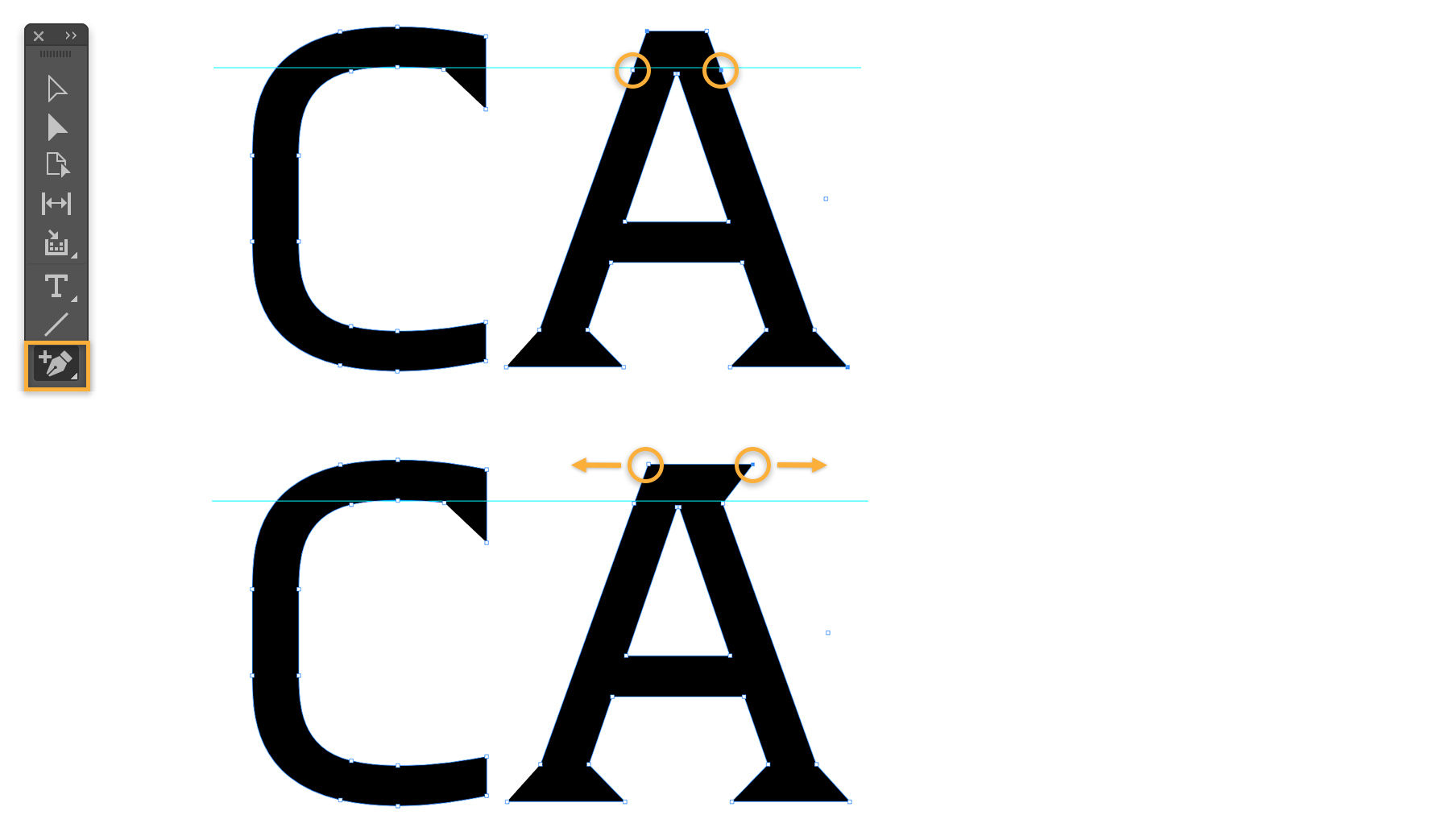 Anchor points are added to some letters to create new serifs. 