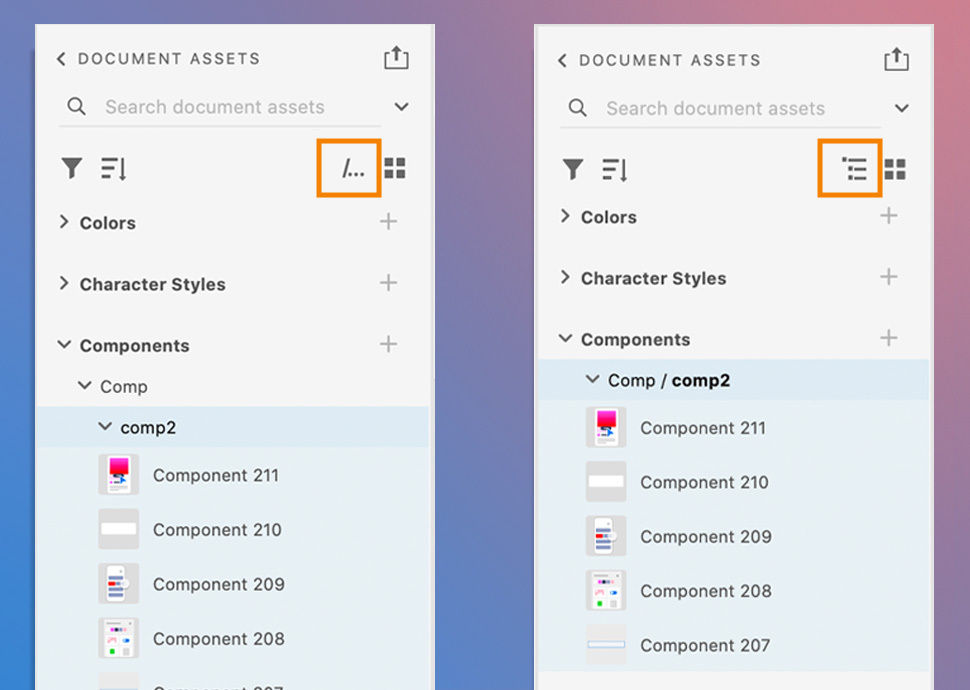 Document Assets panel in Tree view (left) and path view (right)