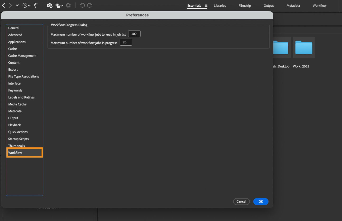 The Workflow Preferences dialog box is shown, displaying options to set the maximum number of workflow jobs in the job list and in progress.