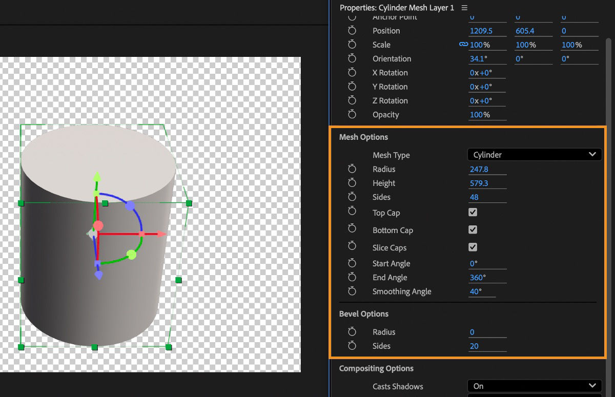 The Cylinder parametric mesh is selected and in the Properties panel, there are different controls to use under Mesh Options and Bevel Options.