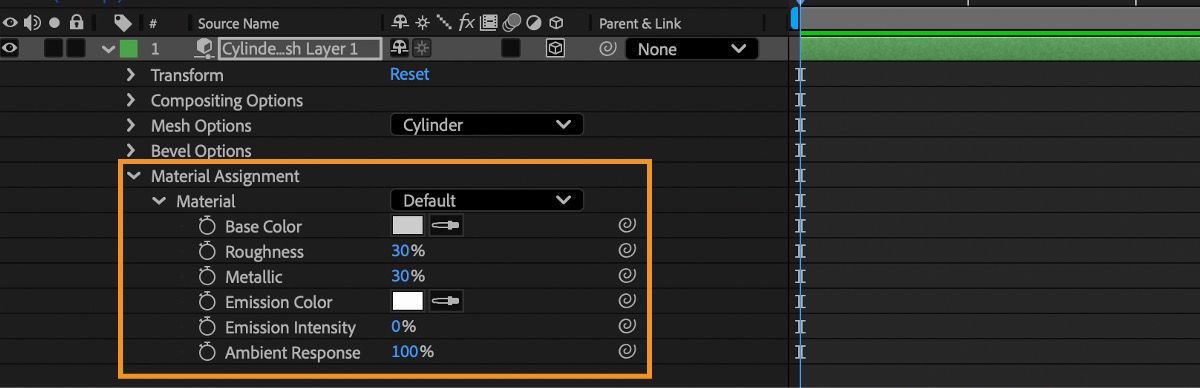 In the Timeline panel, the layer with the selected parametric mesh appears with its Material options expanded for editing.