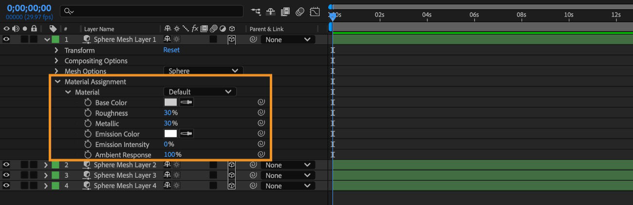 In the Timeline panel, the layer with the selected parametric mesh appears with its Material options expanded for editing.