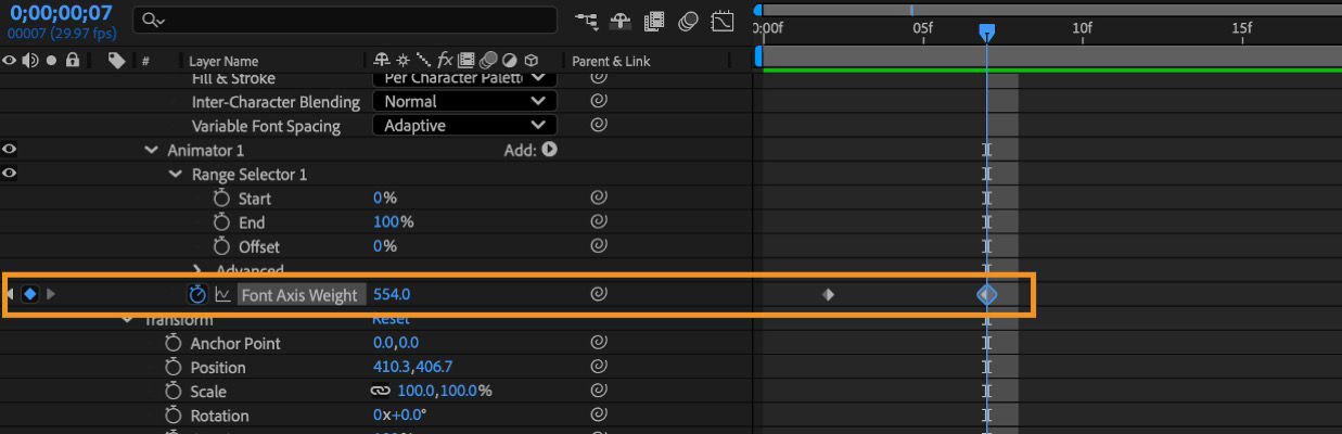 The Timeline panel shows the keyframes for the Font Axis Weight property of the text layer.
