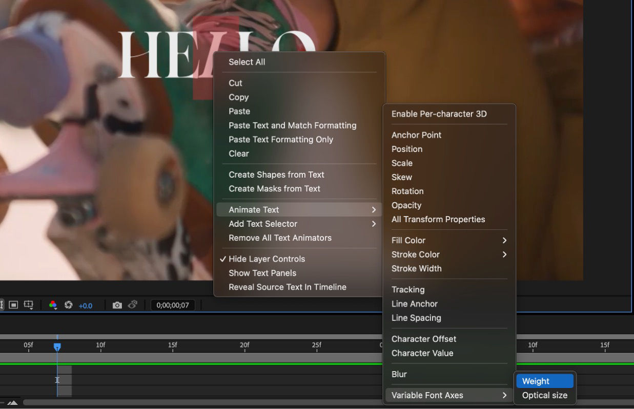 Text is highlighted in the Composition panel, and the Animate Text menu is open.