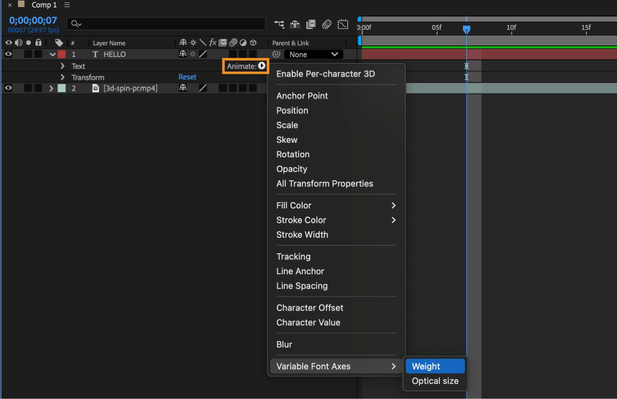 The Animate option for the Text layer is open and Variable Font Axes is selected.