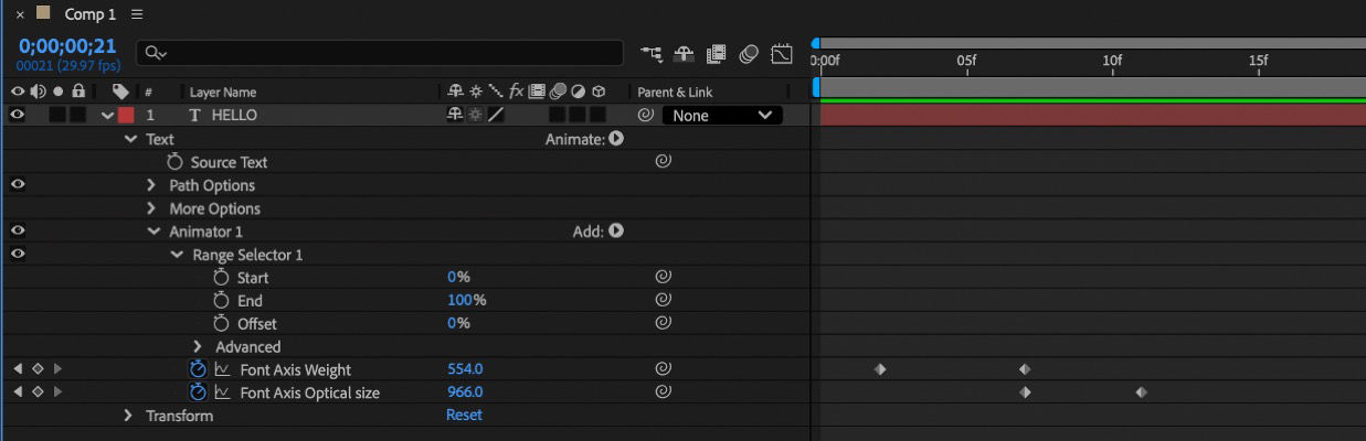The Timeline panel displays the hierarchy when you add a Variable Font Axis Animator.