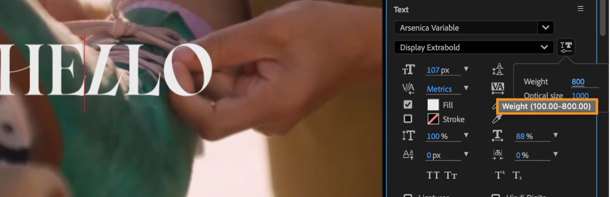 A hover over the hot text shows the minimum and maximum value defined by the font.