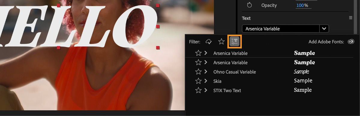The Font dropdown menu is open, listing all available fonts, and the Show Variable Fonts icon is highlighted.