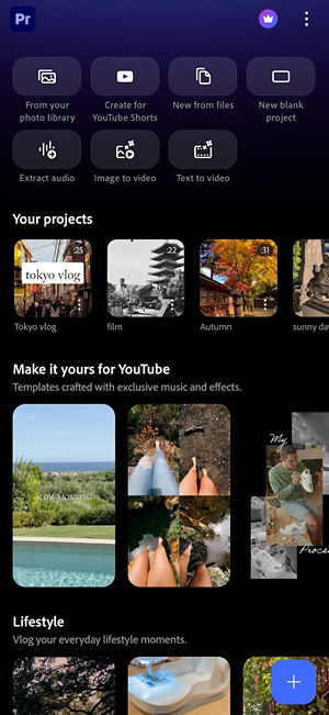 Editing homescreen with a video preview, playback controls, timeline with video and audio tracks, and an editing toolbar.
