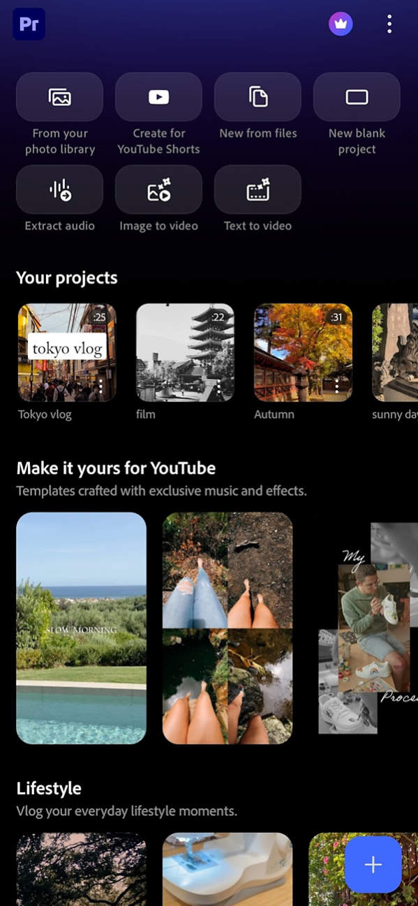 Editing homescreen with a video preview, playback controls, timeline with video and audio tracks, and an editing toolbar.