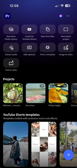 The app’s home screen with buttons for accessing projects, tutorials, and settings.