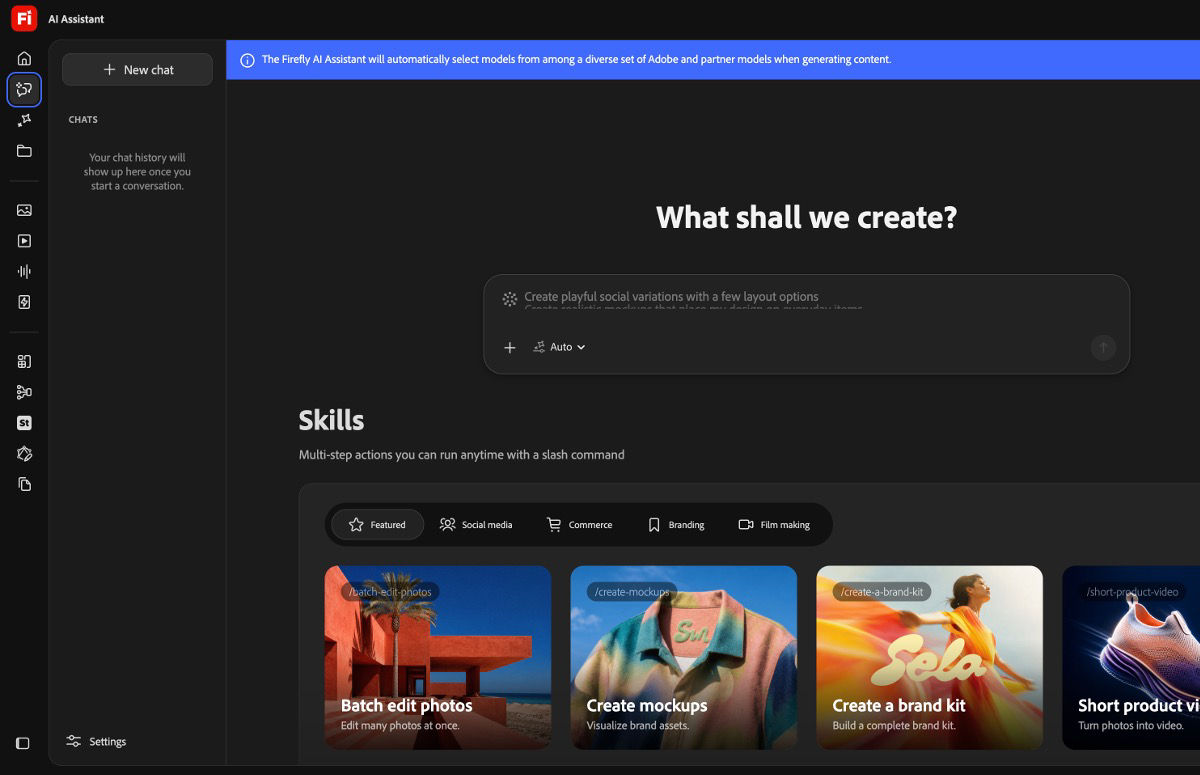 AI Assistant workspace showing a chat prompt and featured creative skills.