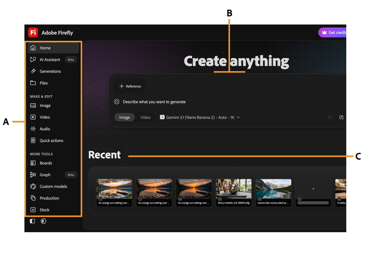 Firefly Home showing the navigation panel, Create anything prompt bar, and recent content.