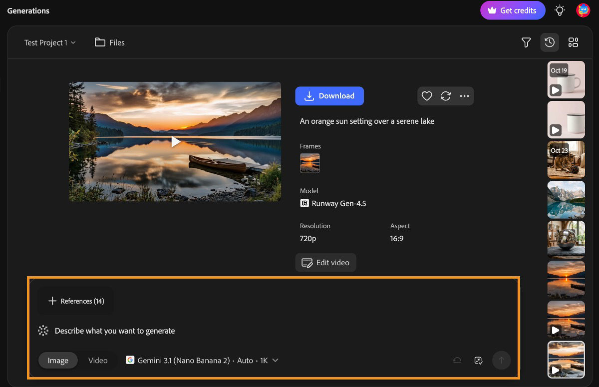 Generations workspace showing a video preview, generation details, and an image and video prompt bar.