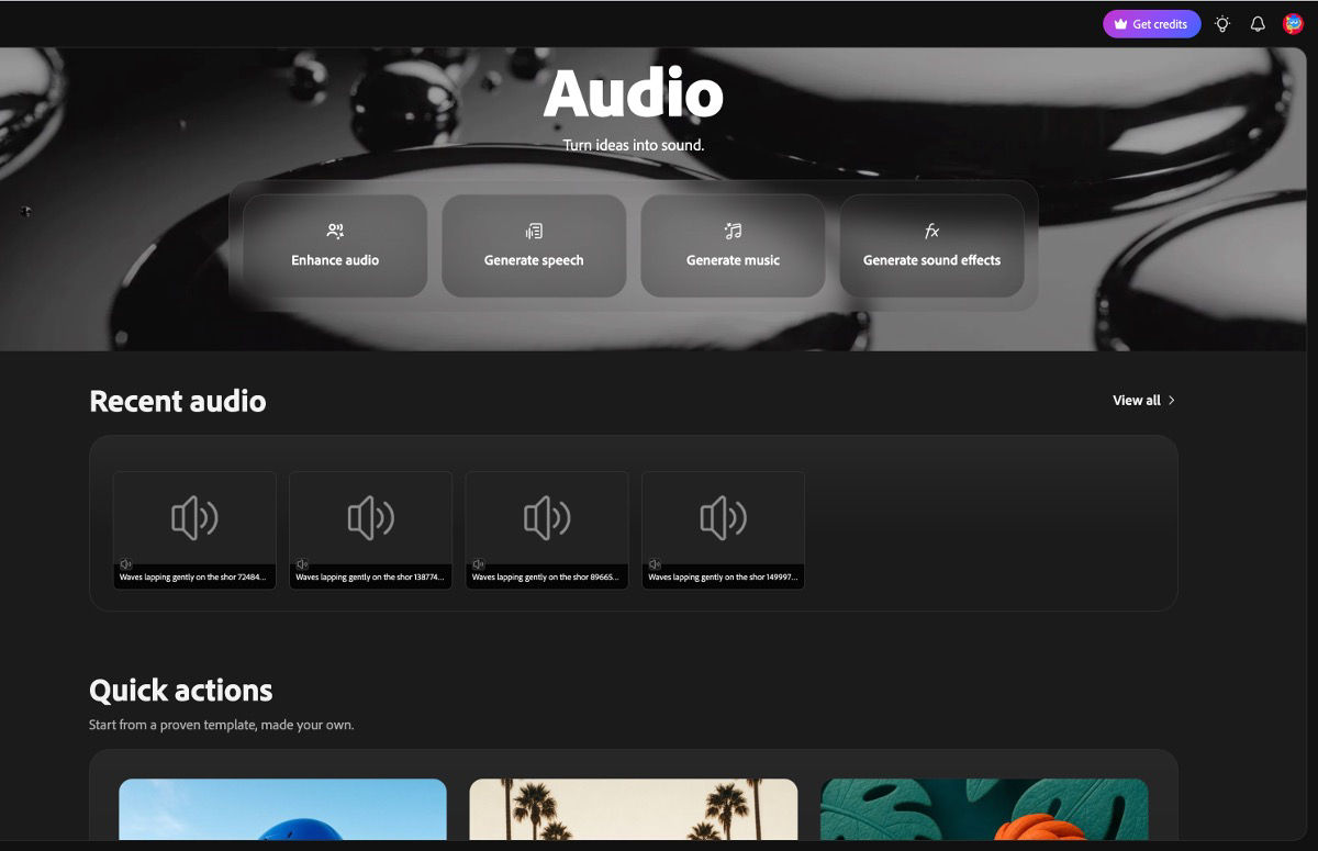 Audio workspace showing audio enhancement and generation options, with recent audio files below.
