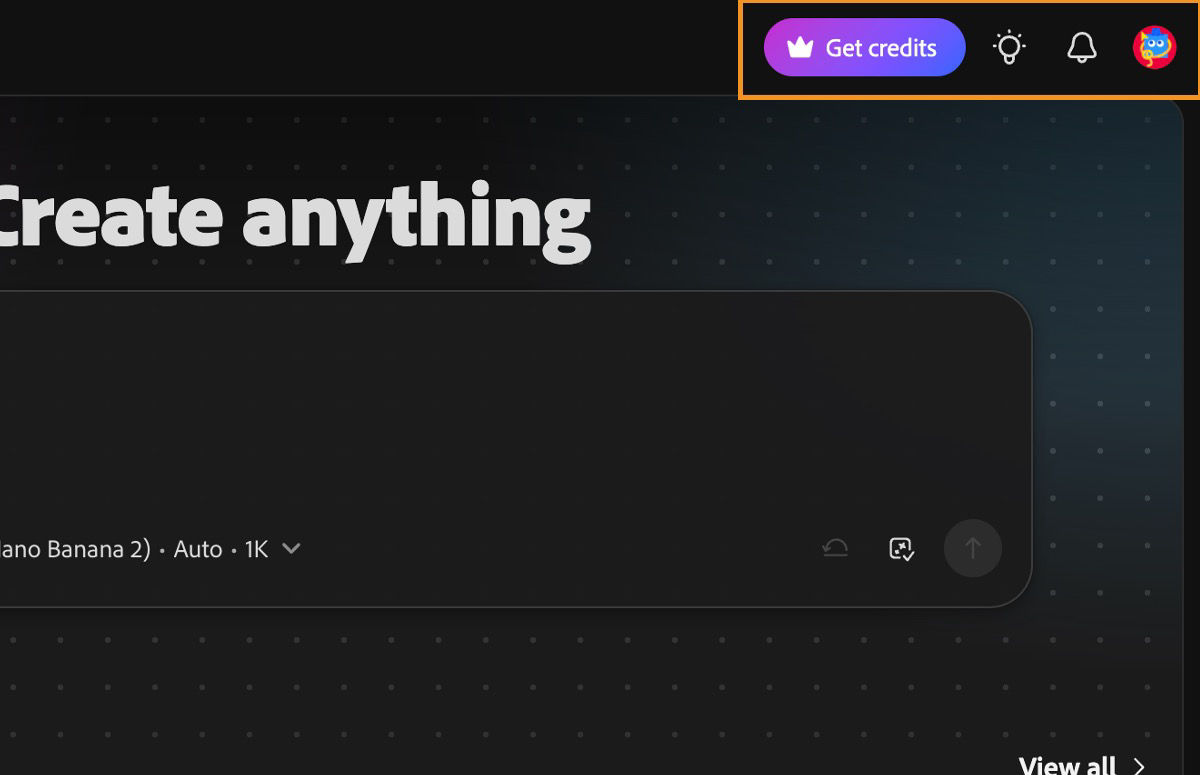 Firefly header with Get Credits, Light bulb, Web Apps, and profile icons highlighted.