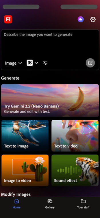 Firefly mobile workspace shows the Home tab with key features, including Text to Image, Text to Video, Image to Video, and Sound Effect.