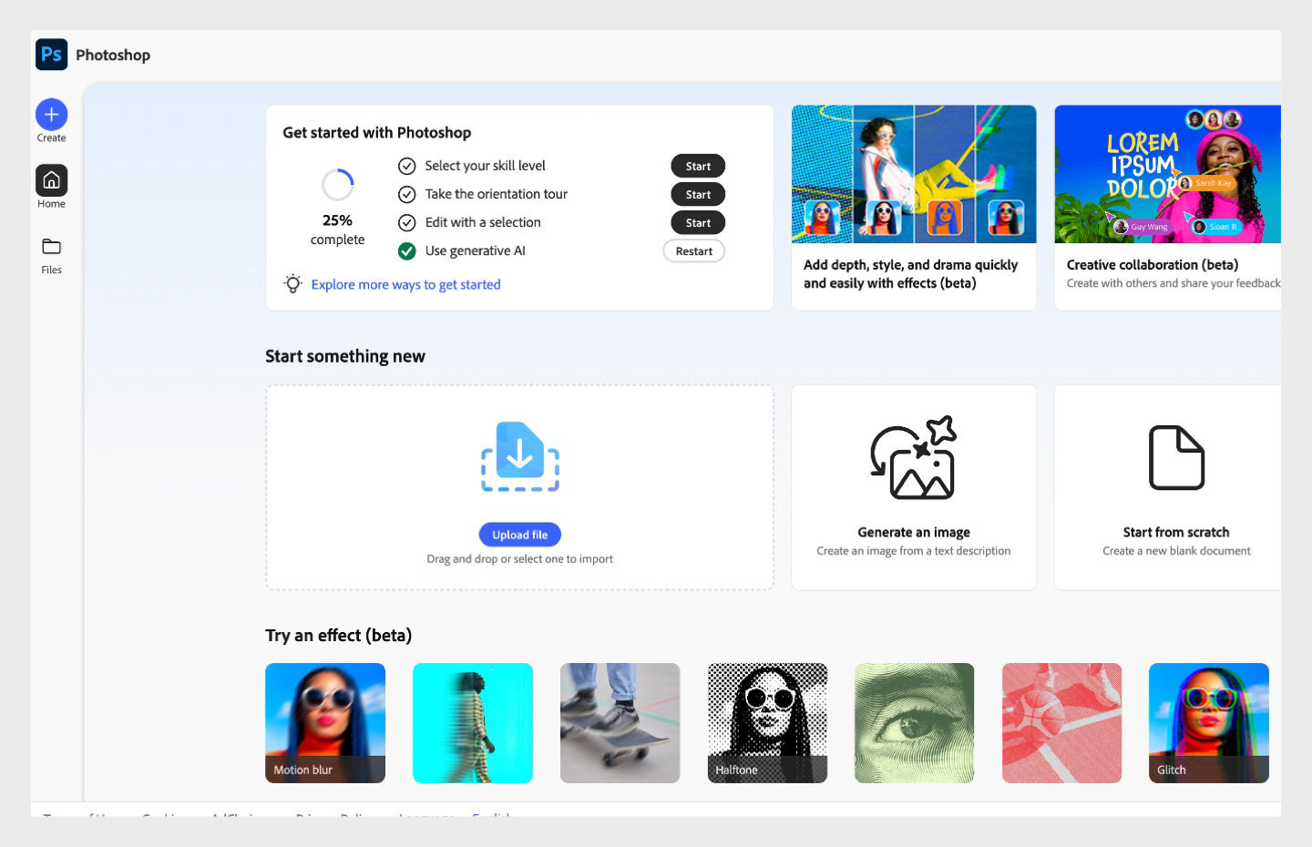 Photoshop on the web homescreen is displayed with options like Upload file, Generate an image, Start from scratch, and more.
