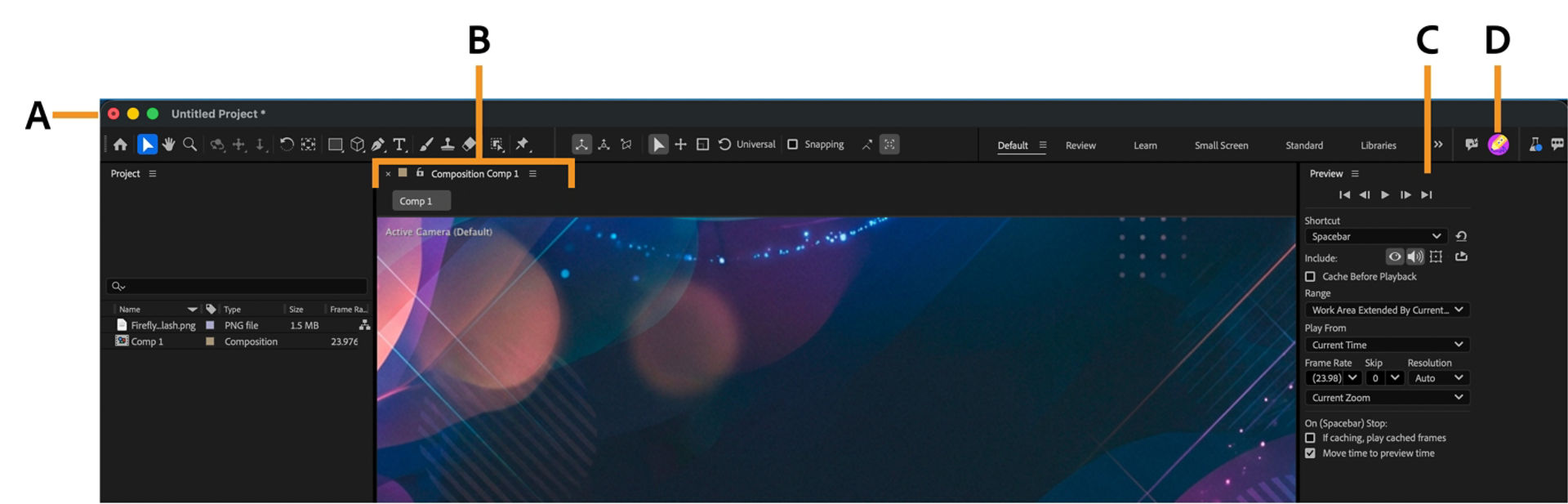 Callouts label four interface areas: A points to the title bar, B to the Composition panel tab, C to the workspace switcher's overflow menu, and D to the account menu icon.