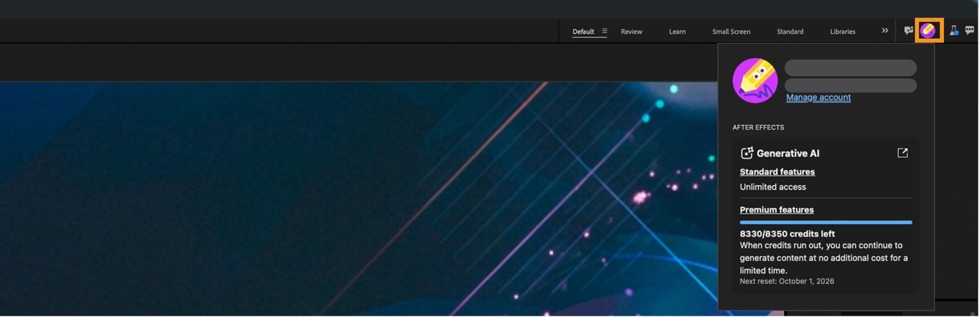 Account menu displaying Generative AI feature access and credit usage information.