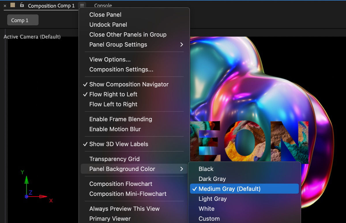 The Composition panel menu is open and from the menu options, the Panel Background Color is selected.