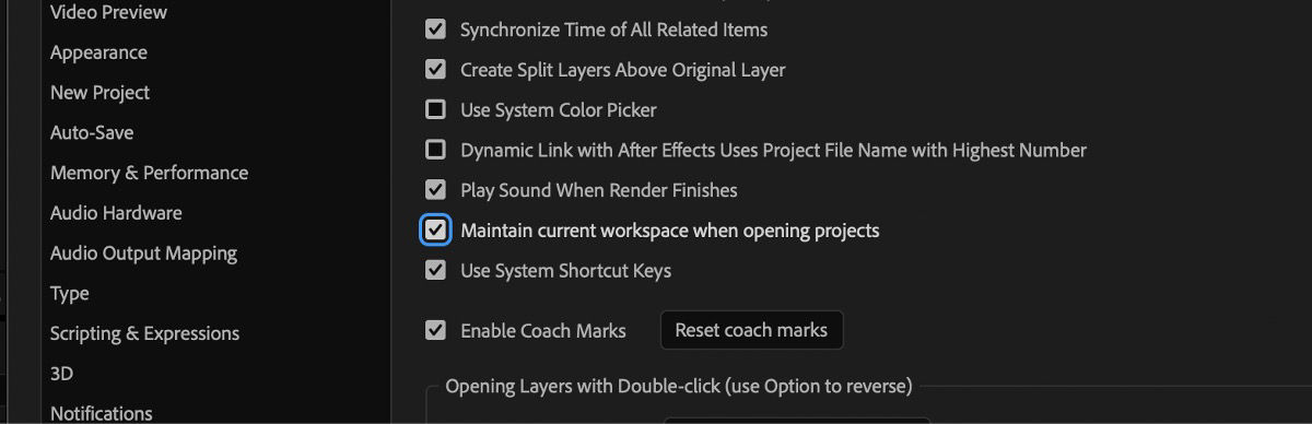 The Preferences is open and under General, Maintain current workspace when opening projects option is selected.
