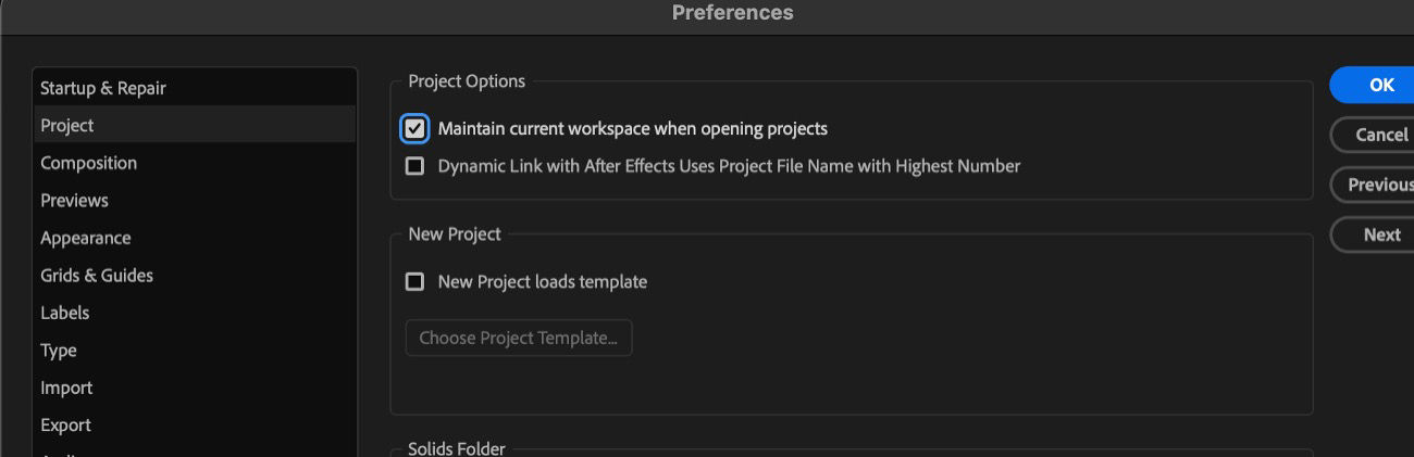 The Preferences is open and under General, Maintain current workspace when opening projects option is selected.