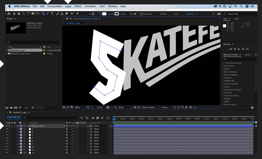 A new layer is created with the letter “S”, and the Pen tool is used to trace a path over it.