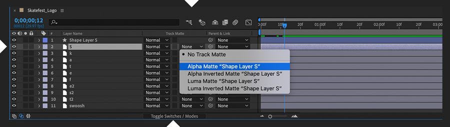 Alpha Matte “Shape Layer S” is selected to reveal the animated trim path.