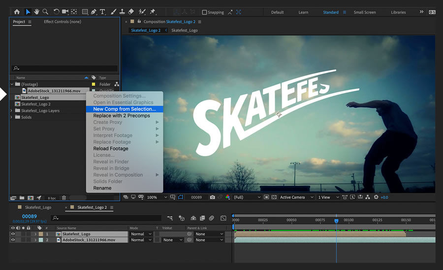 Background footage is imported. Logo composition and footage are selected, New Comp from Selection is chosen.