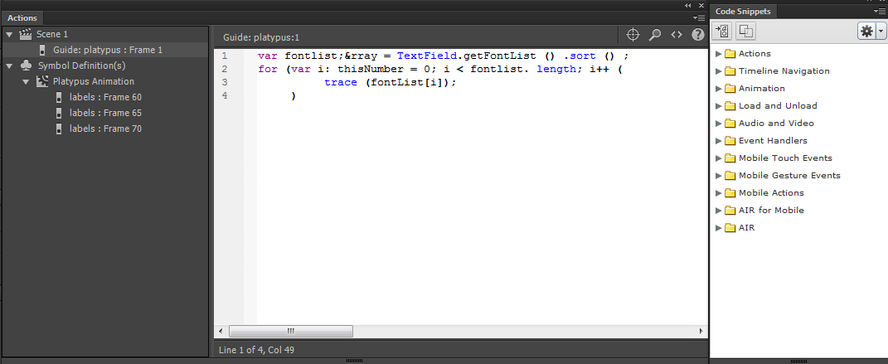 The Actions panel showing a stop() action in a frame.