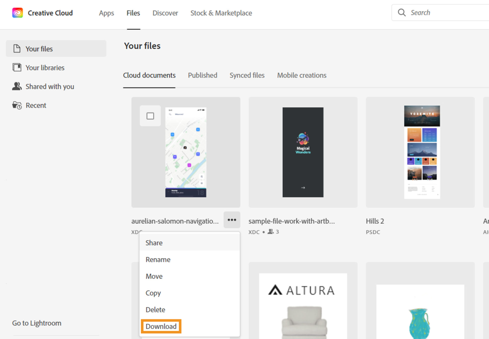Click Download in the menu to download the cloud document.
