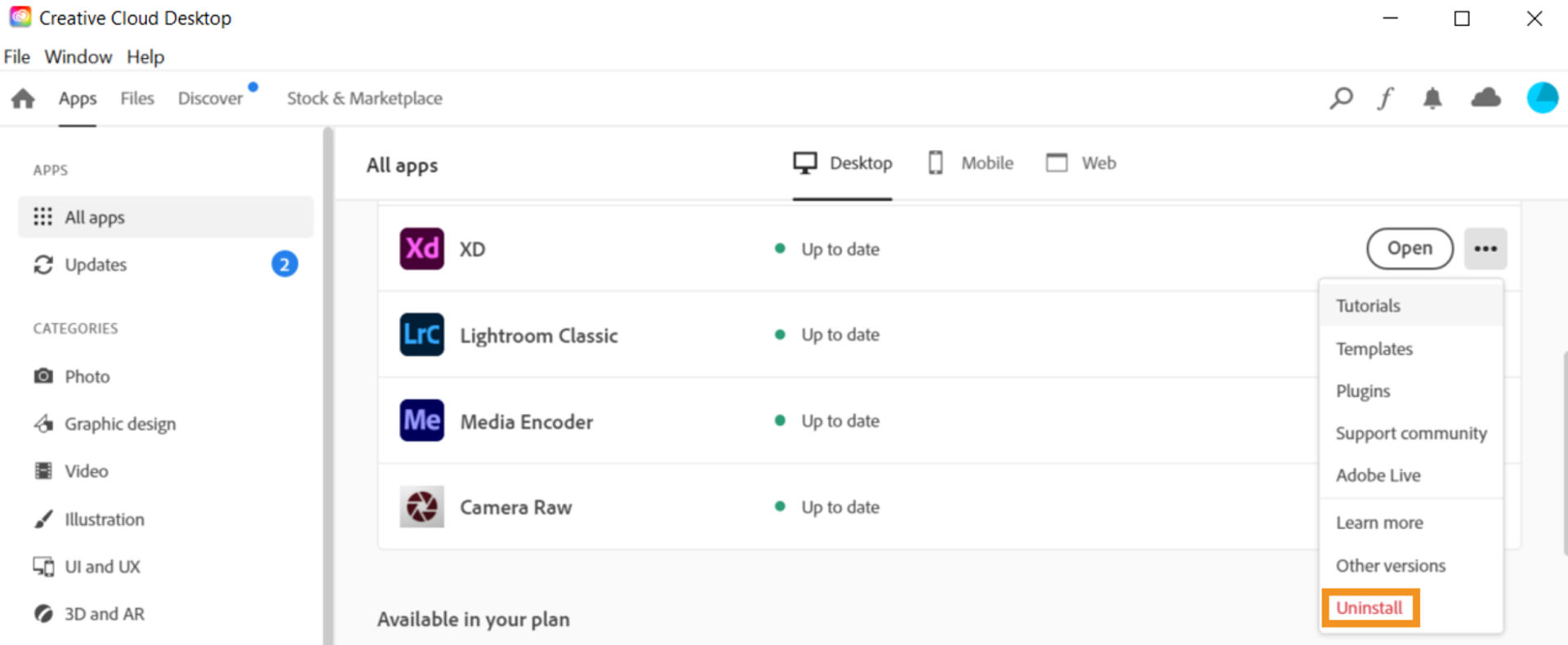 Click Uninstall next to XD.