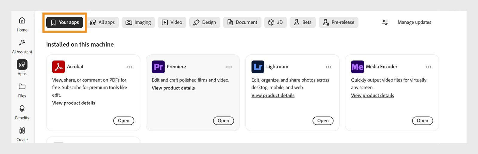 The Your apps tab displays installed Creative Cloud apps and lets users launch them directly with Open buttons.