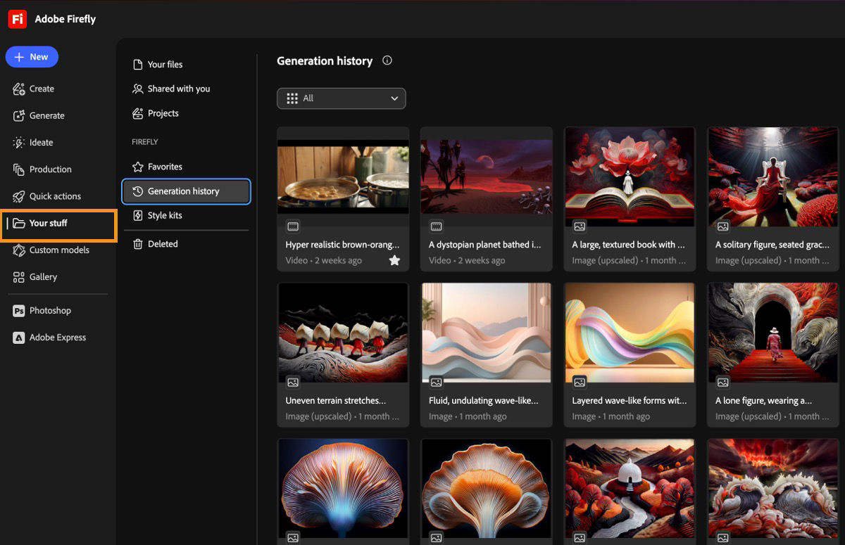 Firefly's Your stuff page displays tabs like Your files, Shared with you, Projects, Favorites, Style kits, and Deleted