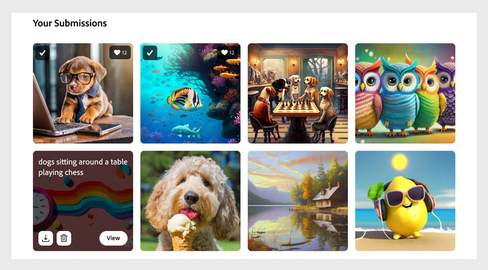 Images you submitted to the Community gallery are displayed with the options to download and delete the image. 