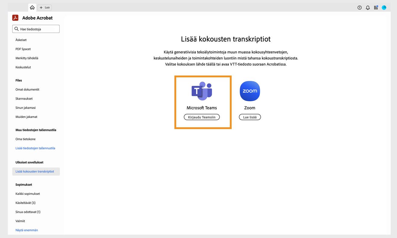  Kokouksen litterointien lisäys -sivu Acrobatin etusivulla, jossa Microsoft Teams -sisäänkirjautumisvaihtoehto on korostettuna.