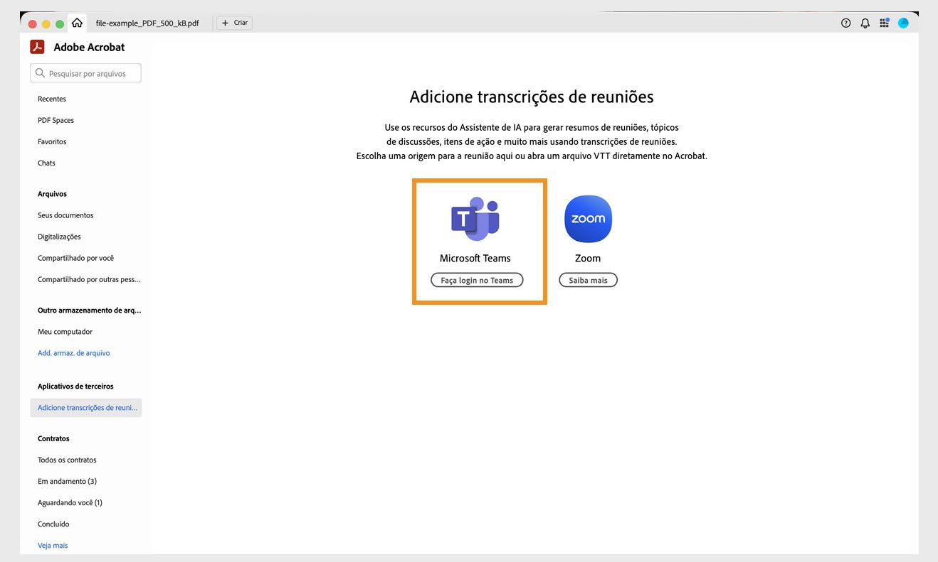  Página Adicionar transcrições de reunião na página inicial do Acrobat com a opção de logon do Microsoft Teams destacada.