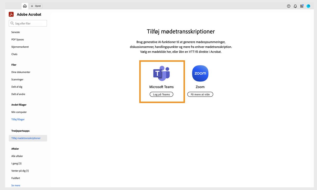  Siden Tilføj mødeudskrifter på Acrobats startside med muligheden for login til Microsoft Teams fremhævet.