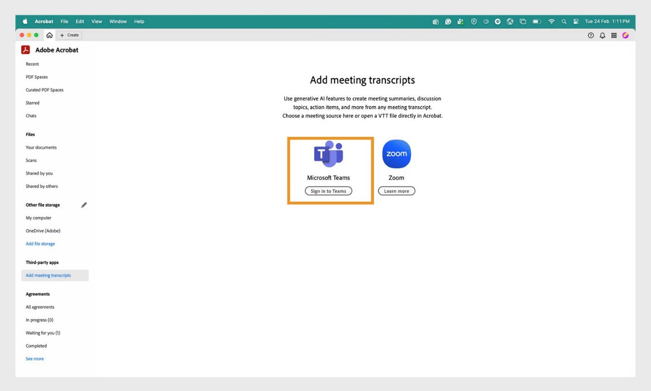  Magdagdag ng mga meeting transcript page sa Acrobat homepage na may naka-highlight na Microsoft Teams sign‑in na opsyon.