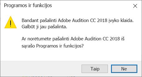 Klaidos pranešimo ekranas, kai bandoma išdiegti „Creative Cloud“ programą