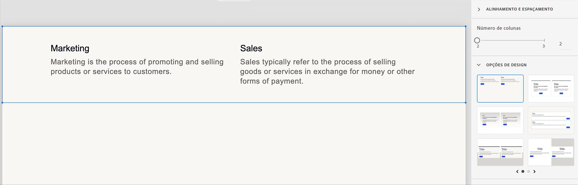 Selecionar o bloco de conteúdo de várias colunas